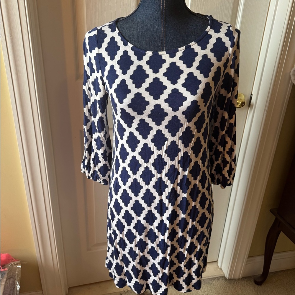 Navy and White Geometric Print Dress size small